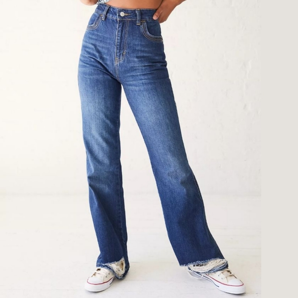 Free People We The Free Fields Blue High Rise Flared Wide Leg Jeans
